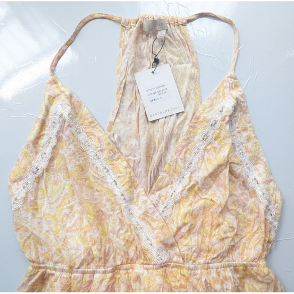 Dance & Marvel Paisley Romper Jumpsuit Lace Trim Yellow Pink Boho Cottagecore L